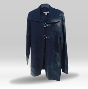 Ellen Tracy Black Long Cardigan Buckle Closure Wool Acrylic XL